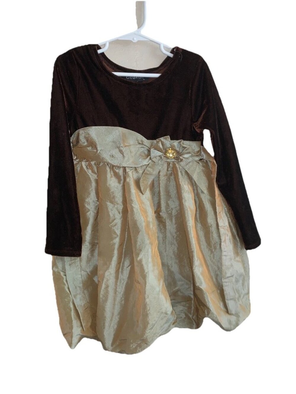 George girls dressy brown long sleeve dress size 6 ribbon bow with gem Christmas